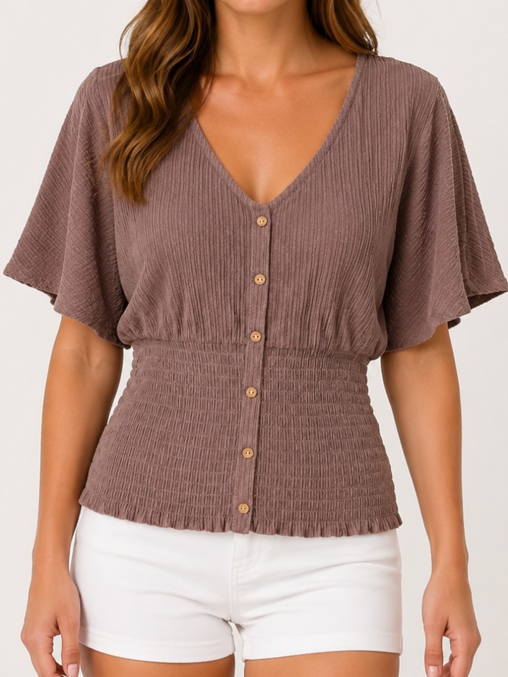 New with Tags Mudd Vneck smocked waistband Mauve Top Size Small
